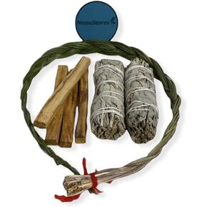 Sweetgrass Braid Smudge Kit + White Sage + Peruvian Palo Santo #JC-222 (1 Kit)