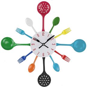 16" Kitchen Cutlery Wall Clock with Forks and Spoons for Home Decor,Sliver (Black)