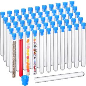 Hoteam 100 Pcs Clear Test Tubes with Lids Plastic Tube Plastic Vials for Scientific Experiments Party Supplies Birthday Candy Storage Seed Beads Powder Spice Liquid (Blue Lid,16 x 150 mm)