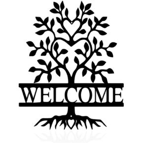 Hppybiry 12" x 9.74" Metal Welcome Sign for Front Door Tree of Life Wall Art Welcome Wall Decor Hanging Outdoor Black Metal Wall Decor New Home Welcome Porch Sign for Home Living Room Office