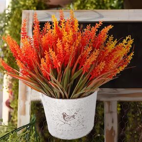 20 Bundles Artificial Fall Flowers Lavender UV Resistant Plastic Faux Plants for Outdoors, Fake Fall Flowers Decor for Front Porch Garden Window Patio Thanksgiving (Orange Brown)