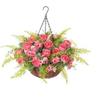 Artificial Flowers in Hanging Basket Planter for Home Spring Summer Decoration, Silk Hydrangea Outdoor Indoor Arrangements, 12" Metal Coconut Lining Basket with Faux Plant(Purple)