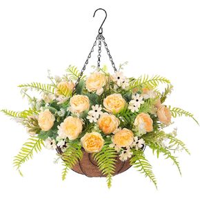 Artificial Flowers in Hanging Basket Planter for Home Spring Summer Decoration, Silk Hydrangea Outdoor Indoor Arrangements, 12" Metal Coconut Lining Basket with Faux Plant(Purple)