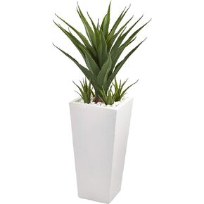 Nearly Natural 40" Spiky Agave Artificial White Planter Silk Plants, Green, 16x16x40