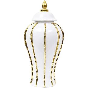 Luxury Ginger Jar, Temple Jar, Ginger Jar Vase, White and Gold Ceramic Jar with Lid, Porcelain Ceramic Vase, for Home Decor, 14.17'' H