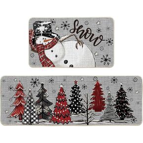 Artoid Mode Red Snowman Xmas Tree Snowflake Let It Snow Christmas Kitchen Mats Set of 2, Winter Home Decor Low-Profile Kitchen Rugs for Floor - 17x29 and 17x47 Inch