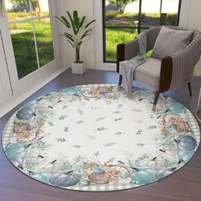 Fall Round Area Rug 4ft Pumpkin Floor Carpets Indoor Floor Area Mat Stain-Proof Rugs for Living Room Dining Kitchen Bedroom Nursery, Eucalyptus Leaves Buffalo Check Plaid Thanksgiving Decor