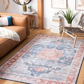 SAFAVIEH Tucson Collection Area Rug - 6' Square, Blue & Rust, Persian Medallion Design, Non-Shedding Machine Washable & Slip Resistant Ideal for High Traffic Areas in Living Room, Bedroom (TSN110M)