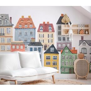 Large Village Kit Wall Decal for Kids Bedroom - Village Building Wall Decor - Rooftop Watercolor Village Kids Wall Decoration - Copenhagen Buildings Girls Boys Room Wall Art Mural Vinyl Sticker