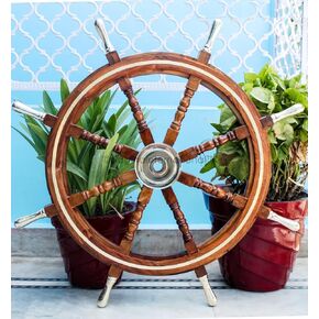 Nagina International Heavy Nautical 36" Ship Wheel With Brass Ring & Handles - Pirate Decor
