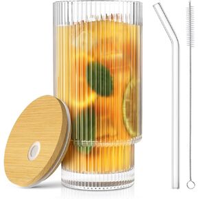 16OZ Glass Cups with Lids and Straws, Vintage Ribbed Glassware for Whiskey Cocktail Beer, Iced Coffee Cups with Lid, Glass Tumbler with Straw and Lid (2 PACK)