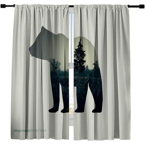 Blackout Curtains Window Treatments Draperies,Creative Picture with line icon of Bear and Dark Forest in The Middle,Window Curtains for Bedroom Living Room Kitchen Cafe,2 Panels Set