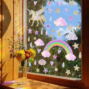 Rainbow Window Clings Dazzling Double-Side Colorful Reflective Rainbow Ponies Stars Raindrops Static Electricity Window Decals Art Decor for Baby Nursery Playroom Bedroom Classroom Home Wind