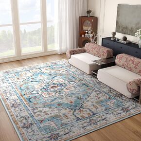 Taisier Home Runner Rug Boho Persian 3x5 Area Rugs Non Skid Machine Washable Low Pile Non-Shedding Runners for Hallways, Kitchen, Floor,Distressed Blue Multi Print Foldable Rug Distressed Carpet
