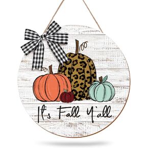 Whaline Fall Pumpkin Wooden Door Sign It's Fall Y'all Front Door Decor with Bow Thanksgiving Autumn Wood Door Hanger Rustic Farmhouse Hanging Sign for Autumn Harvest Holiday Home Office Window