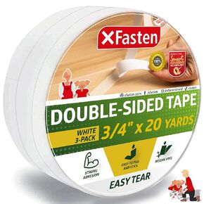 XFasten Tear-by-Hand Double Sided Tape, 3/4-Inch by 20-Yards (3-Pack), Easy Tear for DIY Crafts, Woodworking and Carpet Installation