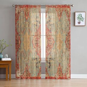 Semi Sheer Curtains 63 Inch Length 2 Panels Set, Geometric Boho Curtains Sheer Privacy Voile Window Curtains for Kitchen Living Room Bedroom Rod Pocket Drapes Rustic Bohemian Floral Tribal Orange