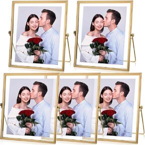 5 Pack Floating Picture Frames 8 x 10 inch Metal Photo Frames with Glass Cover and Stand Antique Vertical Geometric Floating Frame for Pictures Photos Desk Tabletop Display Decor (Gold)