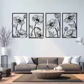 YIYA 4 Pcs Black Wall Decor Minimalist Hanging Wall Sculpture Floral Line Wall Sculpture Modern Line Art Decor for Living Room Bedroom Bathroom Kitchen Office