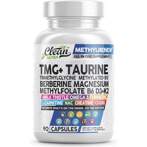 Clean Nutra TMG Taurine Supplement - Methylated Multivitamin with B6 Vitamins, B12, D3 K2, Berberine, Magnesium Methylfolate Milk Thistle Omega 3 Turmeric NAC L Carnitine Creatine COQ10 & More, 90 Ct