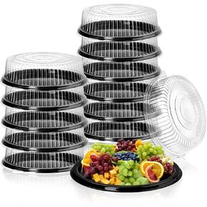Frcctre 12 Pack Plastic Serving Tray with Lid, 12" Plastic Disposable Food Serving Platters with Clear Dome Lids, Stackable Round Trays for Party, Takeout Food, Catering, Picnic