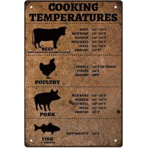SUPERDANT Tin Sign Cooking Temperature Vintage Metal Tin Signs Beef Poultry Pork Fish Funny Wall Art Painting Metal Decor for Restaurant Kitchen Bar 20x30cm
