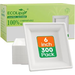 ECOLipak 6 Inch Compostable Square Paper Plates, 300 Count Heavy Duty White Small Paper Appetizer Plates, Disposable Biodegradable Dessert Plates for Daily meals, Dinner, Parties, BBQ