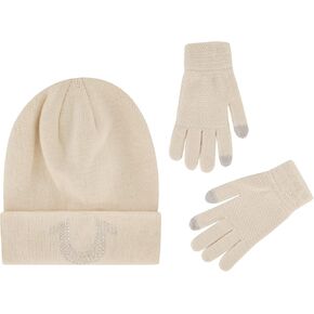 True Religion Beanie Hat and Touchscreen Glove Set, Cuffed Winter Knit Cap with Rhinestone Logo and Touch Screen Mittens, Red, One Size