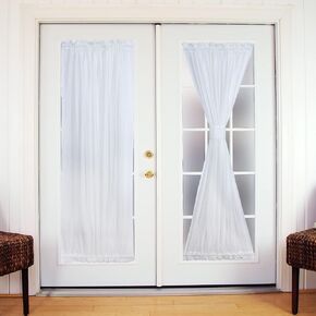 Sheer French Door Curtain Panel White Stripe Rod Pocket Sidelight Voile Curtain for Glass Door Patio Front Sliding Door Tieback Included, 2 Panels 72 Inches