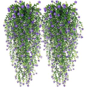 WEISPARK Artificial Hanging Flowers, 4pcs Fake Eucalyptus Vine Faux Flower Greenery Garland Plastic Plants for Indoor Outdoor Wall Garden Wedding Home Party Decor (Purple)