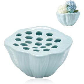 Chris.W Lotus Pod Flower Arrangement Holder, Flower Frog, Flower Arrangement Container Ceramic Vase, Small Flower Pot, Celadon, Chinese Tea Table Flower Arranging Decoration, Zen Utensil (Cyan)