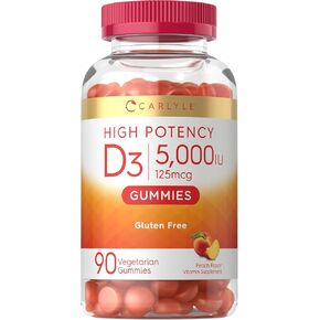 Carlyle Vitamin D3 Gummies | 90 Count | Vegetarian, Non-GMO, Gluten Free Formula | High Potency Vitamin D Supplement | Peach Flavored Gummy