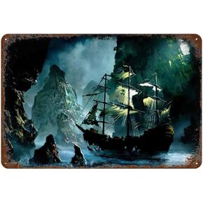 Retro Vintage Pirate Ship at Sea, Adventure Sign, Home Decor Metal Tin Sign Hanging Plaque Mural Iron Painting, Hotel Bathroom Motel Toilet, Bar Cafe Wall Decor Gift 12x8 inhces