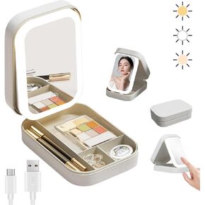 Travel Makeup Mirror with Light, Compact Makeup Bag with Led Mirror,Smart Touch 3-Colors Dimmable Makeup Case,Rechargeable Portable Mirror,Gift for Girl Women