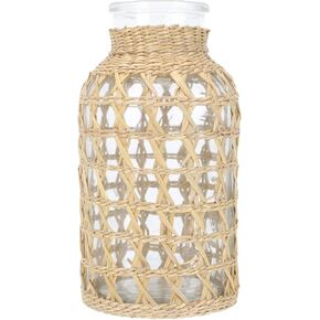 Angoily Round Glass Vase Glass Flower Vase Rattan Woven Dried Flower Vase Rustic Flower Bottle Floral Arrangement Holder Floral Container for Home Table Centerpiece Party Decor L Rustic Table Decor