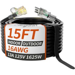 16/3 Gauge Black Outdoor Extension Cord 150 ft Waterproof with Lighted Indicator, Cold Weatherproof -40°C, Flexible 3 Prong Long Extension Cord Outside,10A 1250W 16AWG SJTW, ETL Listed