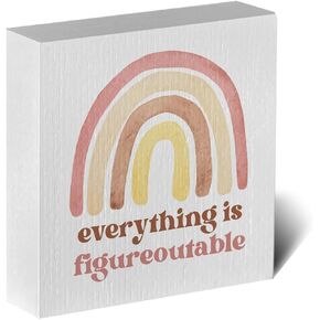 Motivational Rainbow Artwork Wood Box Sign Rustic Farmhouse Style Everything is Figureoutable Wood Block Plaque 5 X 5 Inches Home Office Desk Sign Decor for Presents