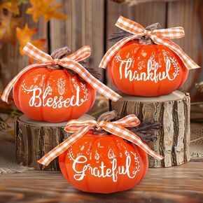 TURNMEON Fall Decorations-Set of 3 Thankful Grateful Blessed Resin Artificial Pumpkins Decor, Fall Pumpkin Centerpiece for Fall Autumn Harvest Thanksgiving Table Decorations Home Decor, Orange