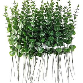 TIHOOD 50PCS Eucalyptus Stems Decor Artificial Eucalyptus Leaves Faux Eucalyptus Stems Real Touch Fake Greenery Branches for Wedding Flower Bouquet Centerpiece Home Office Decoration
