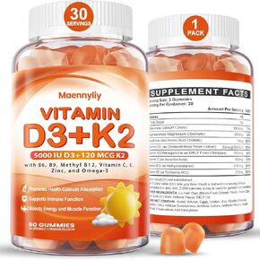 Vitamin D3 K2 Gummies for Adults - Vitamin D3 5000IU + K2 (MK-7) 120mcg - Sugar-Free D3 and K2 Supplements with Omega-3, Methyl B12, B9, B6, Vitamins E & Zinc - for Calcium Absorption & Immune Health
