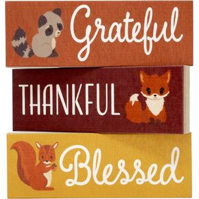 Fall Decorating Grateful Thankful Blessed Wood Block Signs – 3-Piece Fall Decor Set, Thanksgiving & Friendsgiving Decorations, Autumn Tiered Tray Accents