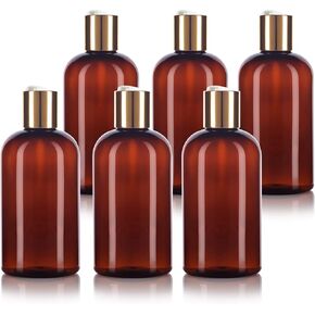 زجاجات بلاستيكية مستديرة من JUVITUS Amber سعة 8 أونصة من بوسطن PET (خالية من BPA) مع (6 عبوات) (مضخة غسول ذهبية)