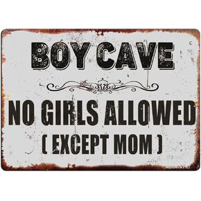 Home Kitchen Bathroom Sign,Baby Boy Room Sign,Kids Room Decor "Boy Cave No Girls Allowed" 16"X12" Aluminum Metal Sign