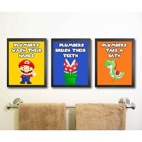 Silly Goose Gifts Bright Hero Plumber Brothers Video Game Bathroom Wall Art Prints (Set of 3) Artwork Posters Bath