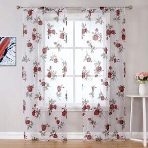 WUBODTI Red Floral Sheer Curtains for Girls Bedroom-Set of 2 Panels Voile Sheer Curtain &Drapes in Rose Flower Design Rod Pocket for Living Room Door Patio Widow Treatment Transparent,39 x79