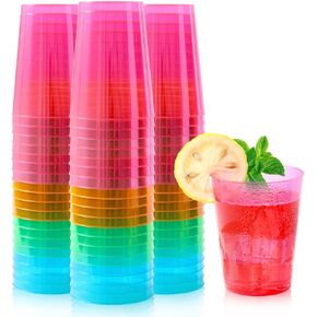 100 Count 10oz TUMBLERS, 10oz Disposable Hard Multicolor Plastic cups,water cups for party,fiesta cups，plastic margarita glasses disposable