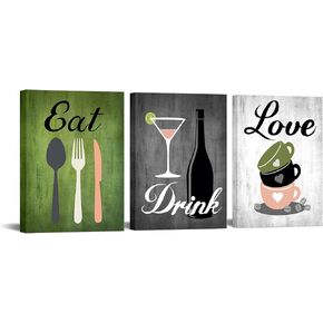Canvas Set of 3 Green and Grey Modern Kitchen and Dining Room Wall Art Home Decor Abstract EAT DRINK LOVE Theme Canvas Prints Pictures Framed Artwork for Coffee Bar Restaurant Cafe Ready to Hang