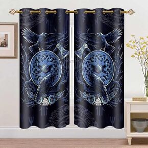 Viking Raven Curtains Norse Axe Mystic Symbols Runes Art Blackout Window Drapes Navy Blue Printed Window Treatments for Bedroom Living Room Dining Room 42x63inch 2 Panels CLOKMS180