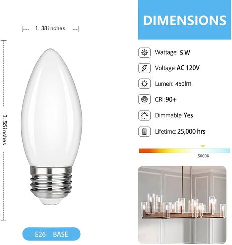 6 عبوات B11 E26 لمبات شمعدان LED، 5 وات تساوي 40 وات لمبات إضاءة إديسون، ضوء النهار الأبيض 5000 ك لمبة شمعة قابلة للتعتيم للثريات، مروحة السقف، قلادة، شمعدانات الجدار 450LM لمبة إضاءة زجاج حليبي in Saudi Arabia