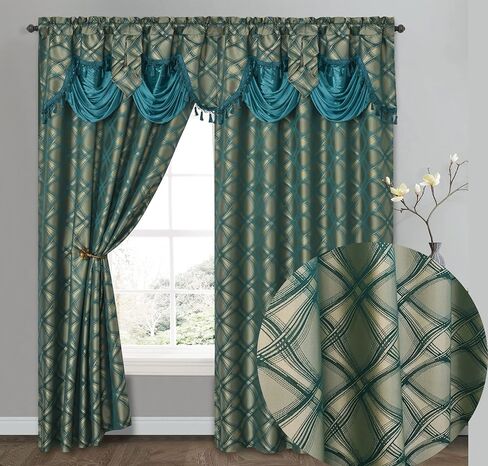 GOHD Dance with Wind. Jacquard Window Curtain Panel Drape with Attached Fancy Valance. 2pcs Set. Each pc 54 inch Wide x 84 inch Drop with 18 inch Valance. (Teal) in Saudi Arabia